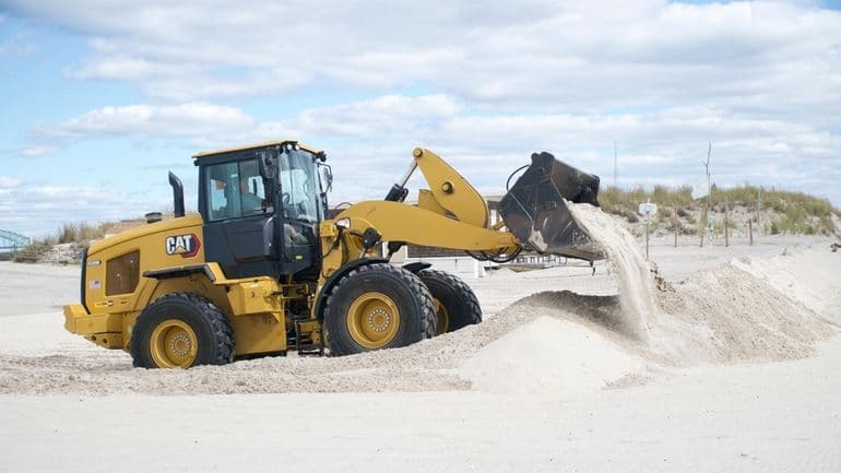Pay-loaders creating berms at Robert Moses State Park Field 2 in preparation for the possible nor’easter this weekend. Friday October 10, 2025. 