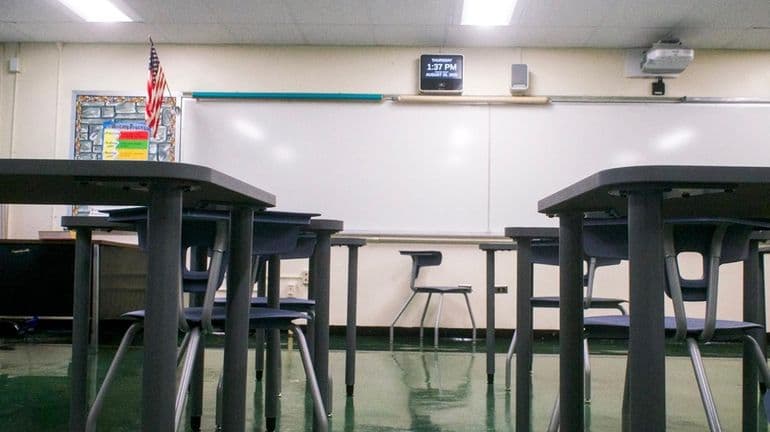 Plainedge High School in Massapequa unveiled new security systems for this shool year, including XShield Smart Displays like the one installed at the front of this classroom on Thursday, Aug. 28, 2025.