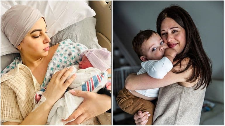 Kristen Toffales, left, gave birth to her first child, Noelle, by scheduled C-section at 37 weeks so Toffales could continue with breast cancer treatment. At right, Krystina Bursa learned she had breast cancer soon after giving birth to her son,&nbsp;Eli.