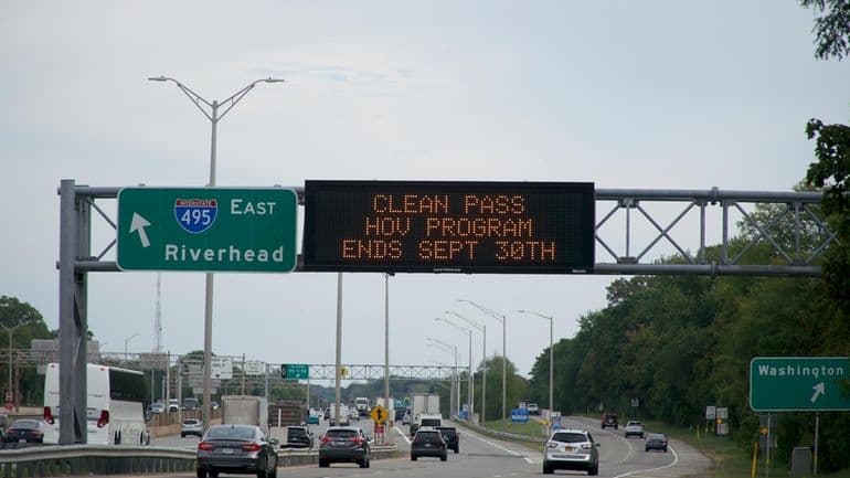 DOT sign in Brentwood on the Long Island Express eastbound reminding drivers that the HOV Clean Pass program will be ending at the end of September. Monday September 29,2025. 