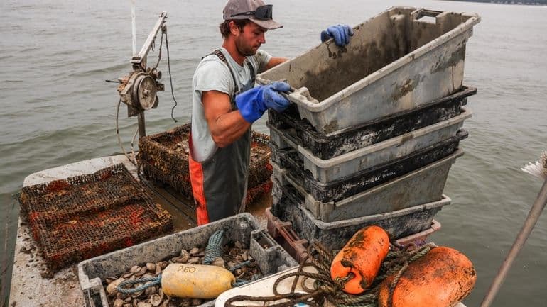 Grady Koepele, an oyster farmer at North Fork Big Oyster, works on his oyster boat in Little Peconic Bay on Wednesday.