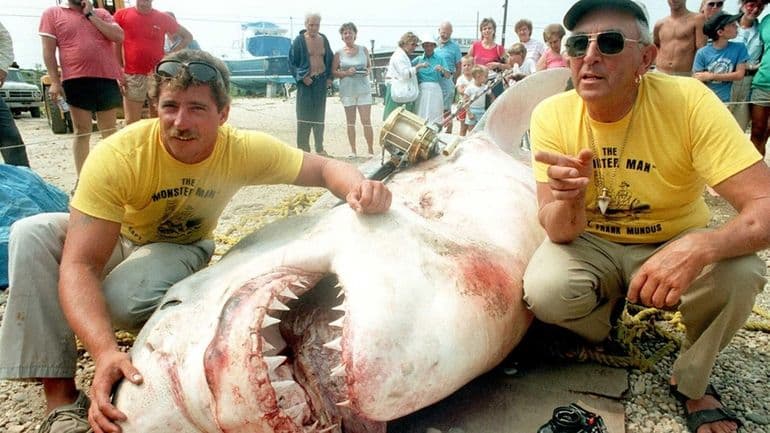 This is the big one: a 3,450-pound great white shark nicknamed "Big Guy," landed by Montauk's famous skipper Frank Mundus, right, and Donnie Braddick. (Aug. 7, 1986)