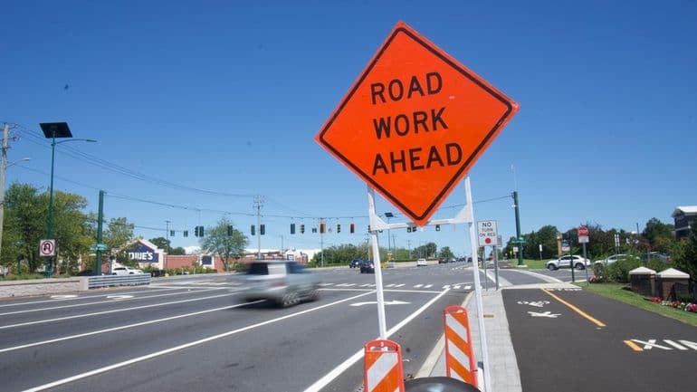 Signs warnings drivers of road work in the town of Brookhaven along the Smithtown Bybass (Rt. 347) in Lake Grove. Tuesday August 26, 2025. 